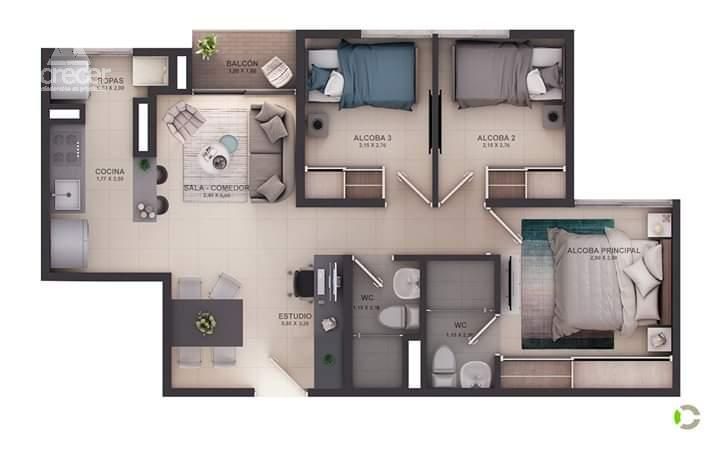 Apartamento en venta Antioquia Rionegro El Porvenir 57 m2 Habitaciones 3 Baños 2 Garajes 0 Precio $230000000