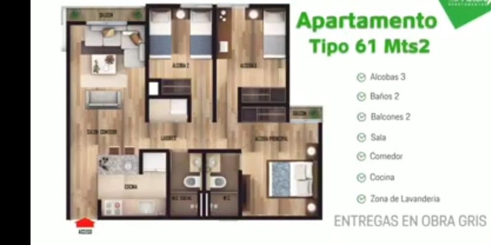 Apartamento en venta Cundinamarca Chía San Miguel 61 m2 Habitaciones 3 Baños 2 Garajes 2 Precio $240000000