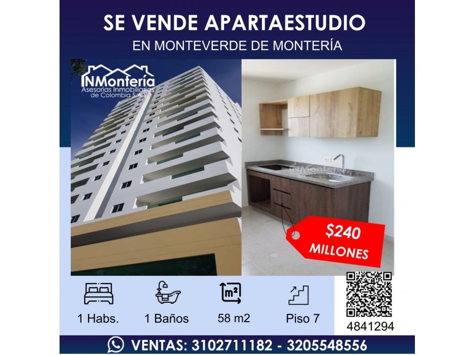 Apartaestudio en venta Córdoba Montería Los Alcázares 58 m2 Habitaciones 1 Baños 2 Garajes 0 Precio $240000000