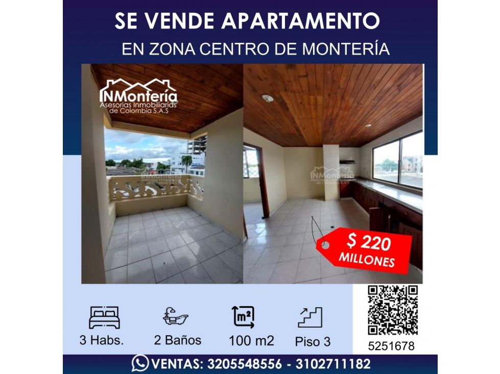 Apartamento en venta Córdoba Montería Los Alcázares 100 m2 Habitaciones 3 Baños 2 Garajes 0 Precio $220000000
