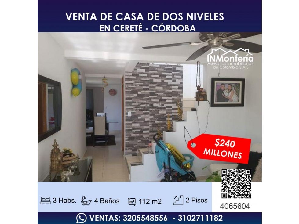 Casa en venta Córdoba Cereté Cereté 112 m2 Habitaciones 3 Baños 4 Garajes 0 Precio $240000000