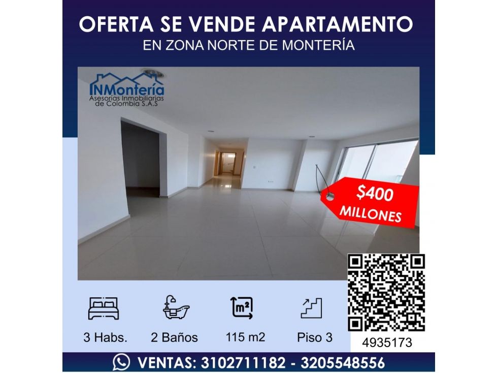 Apartamento en venta Córdoba Montería Los Alcázares 115 m2 Habitaciones 3 Baños 2 Garajes 1 Precio $420000000