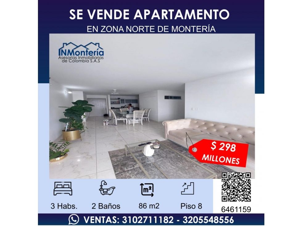Apartamento en venta Córdoba Montería Los Alcázares 86 m2 Habitaciones 3 Baños 2 Garajes 1 Precio $298000000