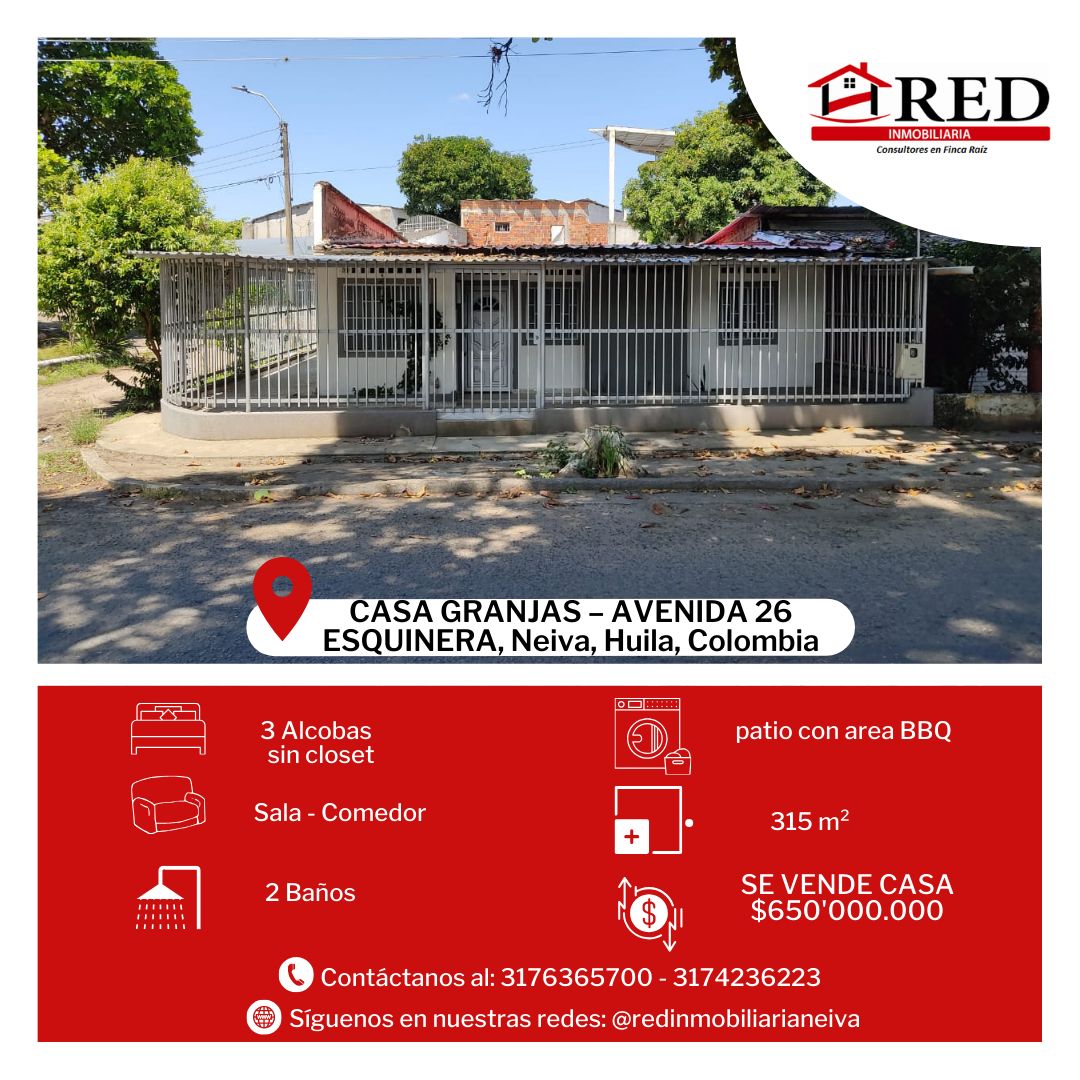Casa en venta Huila Neiva Las Granjas 315 m2 Habitaciones 3 Baños 2 Garajes 2 Precio $550000000