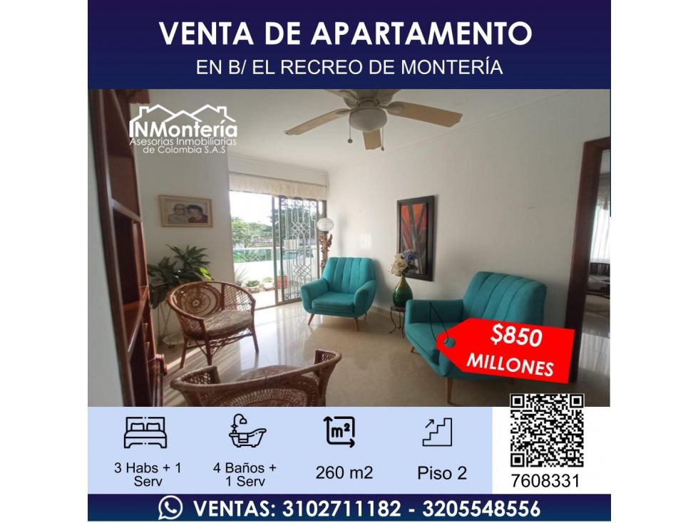 Apartamento en venta Córdoba Montería Los Alcázares 260 m2 Habitaciones 3 Baños 4 Garajes 2 Precio $850000000