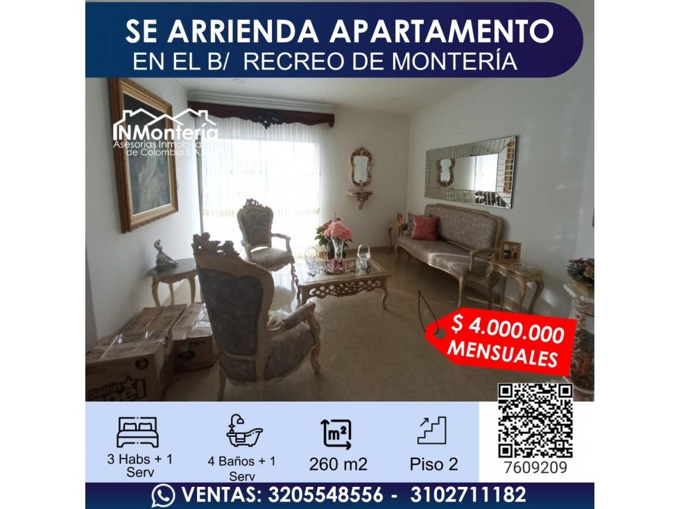 Apartamento en arriendo Córdoba Montería Los Alcázares 260 m2 Habitaciones 3 Baños 4 Garajes 2 Precio $4000000