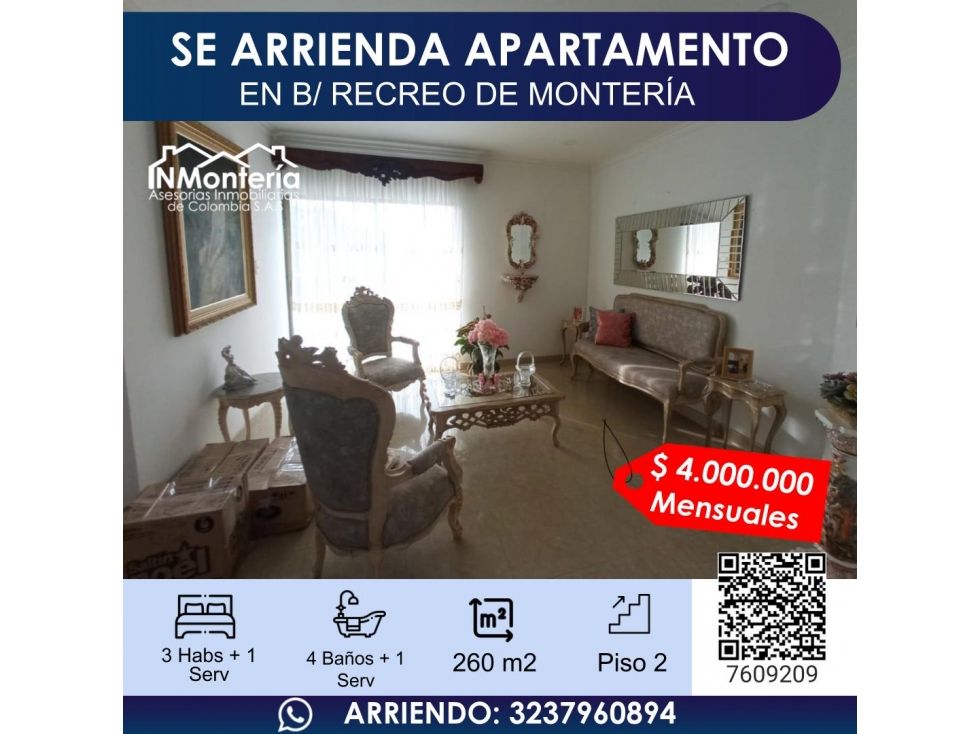 Apartamento en arriendo Córdoba Montería La Castellana 260 m2 Habitaciones 3 Baños 4 Garajes 2 Precio $4000000