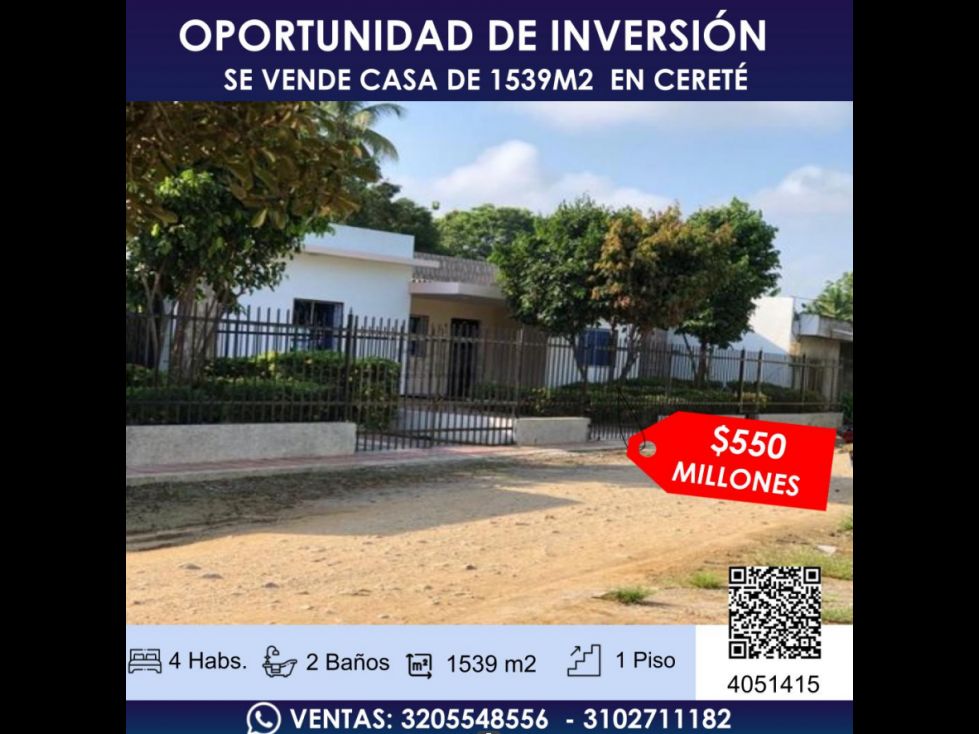 Casa en venta Córdoba Cereté El Jardin 1539 m2 Habitaciones 4 Baños 2 Garajes 1 Precio $550000000