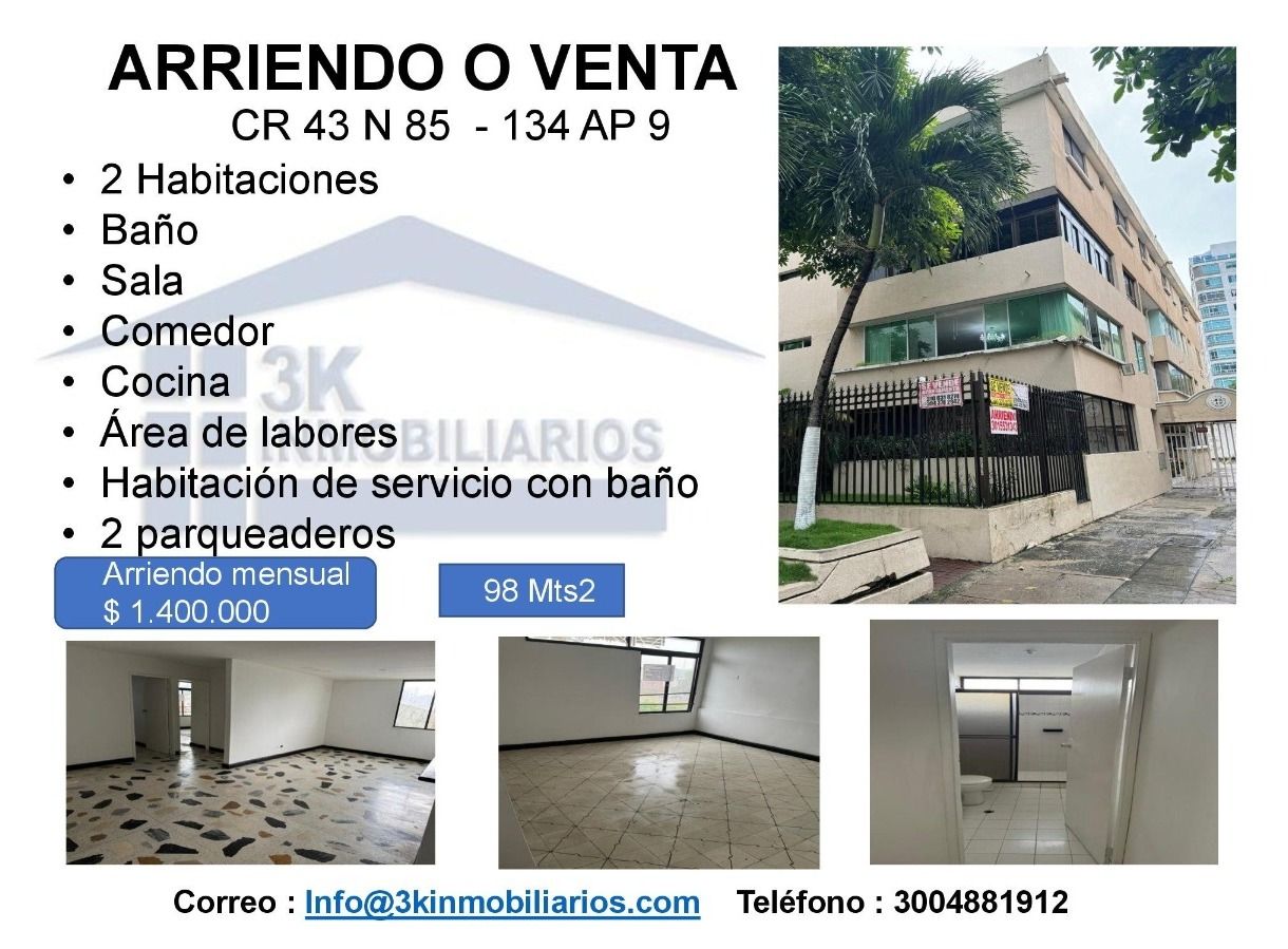 Apartamento en arriendo o venta Atlántico Barranquilla La Campiña 98 m2 Habitaciones 2 Baños 1 Garajes 2 Precio venta $280000000 Precio arriendo $1400000