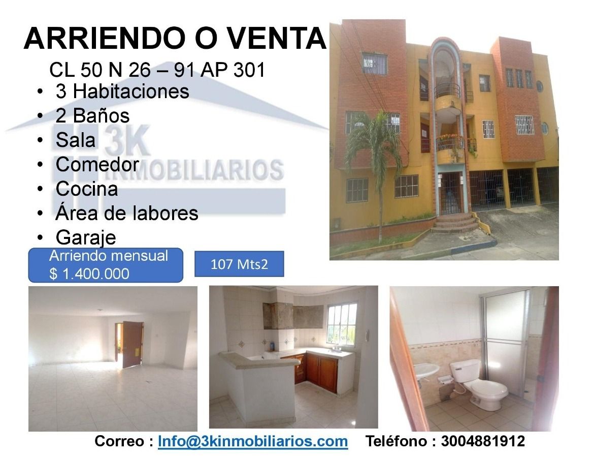 Apartamento en arriendo o venta Atlántico Barranquilla San Isidro 107 m2 Habitaciones 3 Baños 2 Garajes 1 Precio venta $230000000 Precio arriendo $1400000