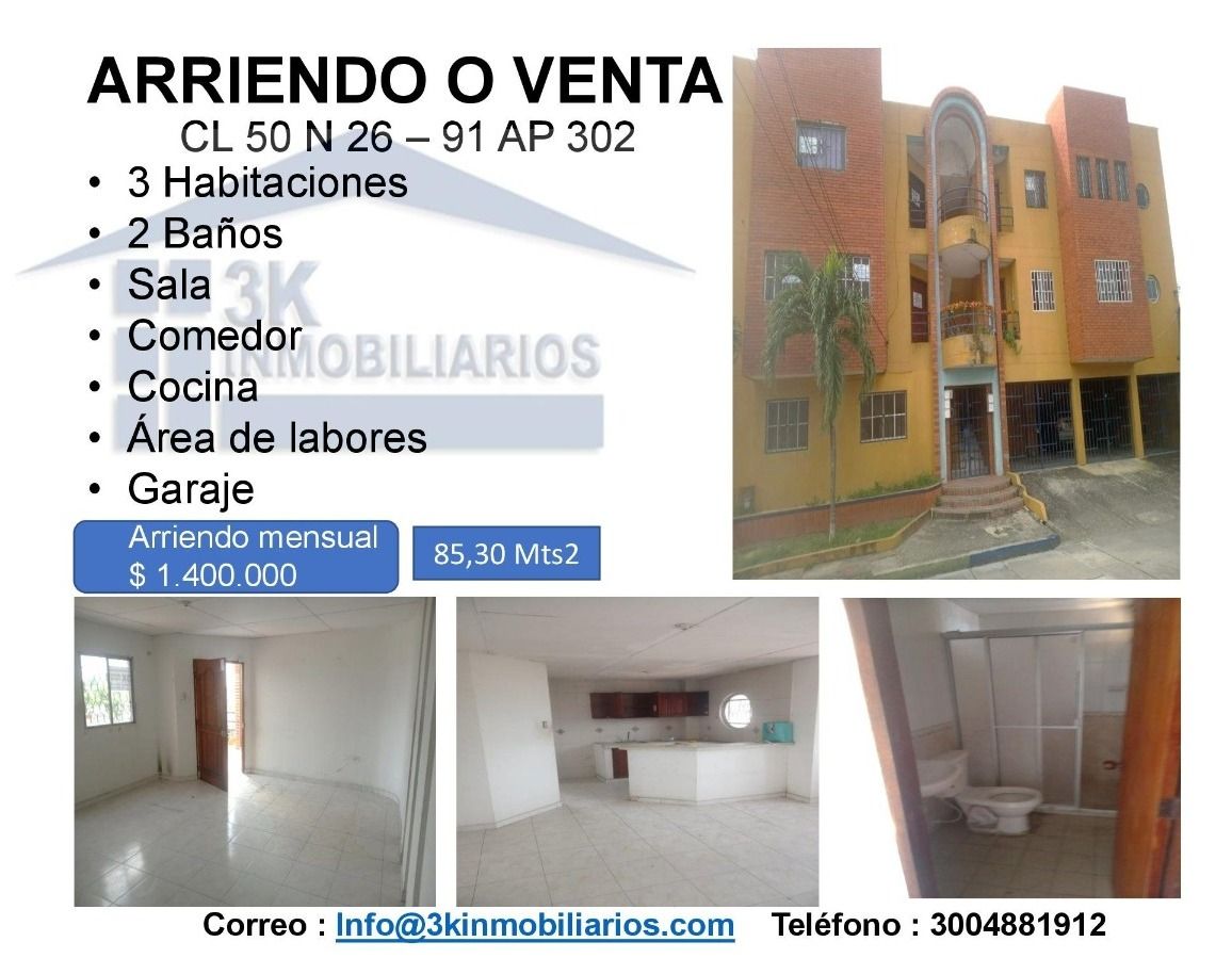 Apartamento en arriendo o venta Atlántico Barranquilla San Isidro 85 m2 Habitaciones 3 Baños 2 Garajes 1 Precio venta $230000000 Precio arriendo $1400000