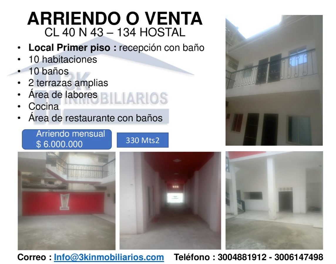 Local en arriendo o venta Atlántico Barranquilla Centro 330 m2 Habitaciones 0 Baños 6 Garajes 0 Precio venta $1500000000 Precio arriendo $6000000