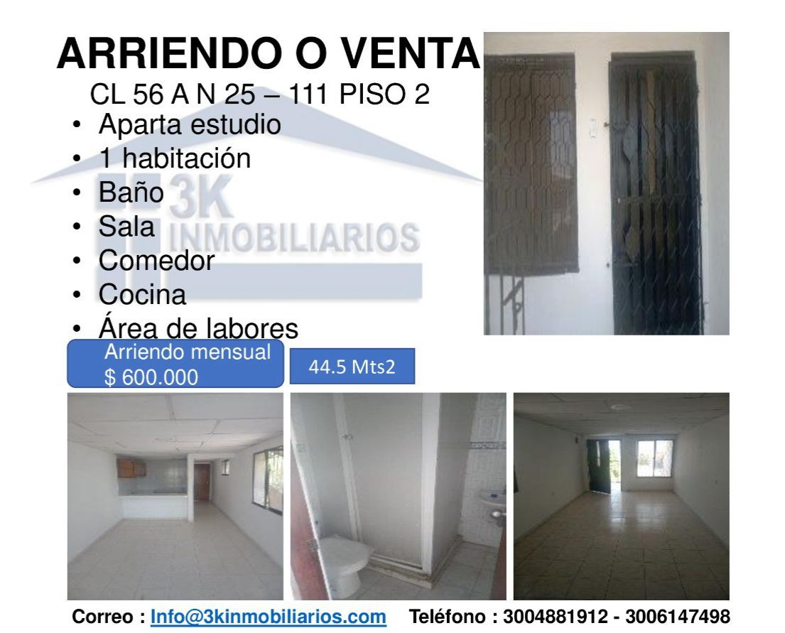 Apartaestudio en arriendo o venta Atlántico Barranquilla Los Pinos 44 m2 Habitaciones 1 Baños 1 Garajes 0 Precio venta $130000000 Precio arriendo $600000