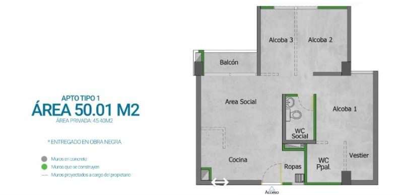 Apartamento en venta Antioquia Sabaneta Los Arias 50 m2 Habitaciones 3 Baños 2 Garajes 0 Precio $240000000