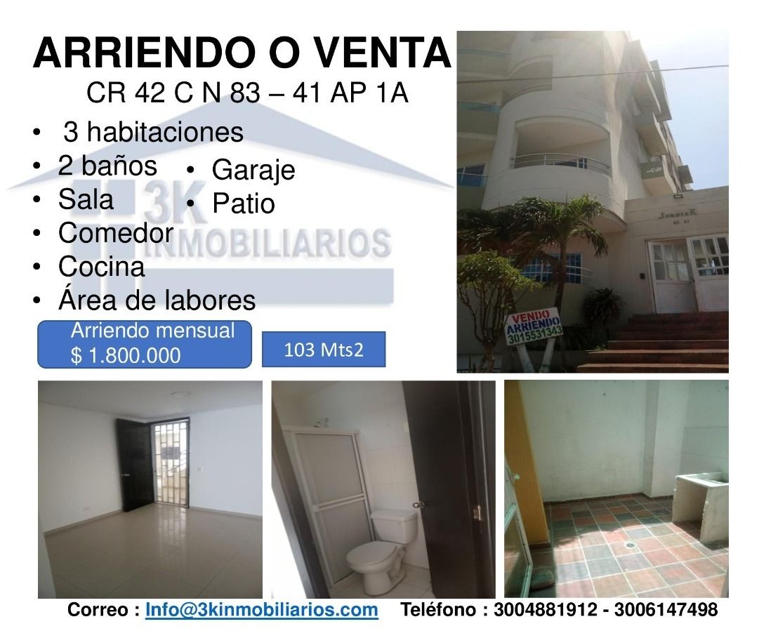 Apartamento en arriendo o venta Atlántico Barranquilla Nuevo Horizonte 103 m2 Habitaciones 3 Baños 2 Garajes 1 Precio venta $380000000 Precio arriendo $1800000