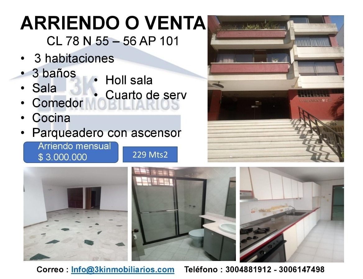 Apartamento en arriendo o venta Atlántico Barranquilla Villa Country 229 m2 Habitaciones 3 Baños 3 Garajes 1 Precio venta $1200000000 Precio arriendo $3000000