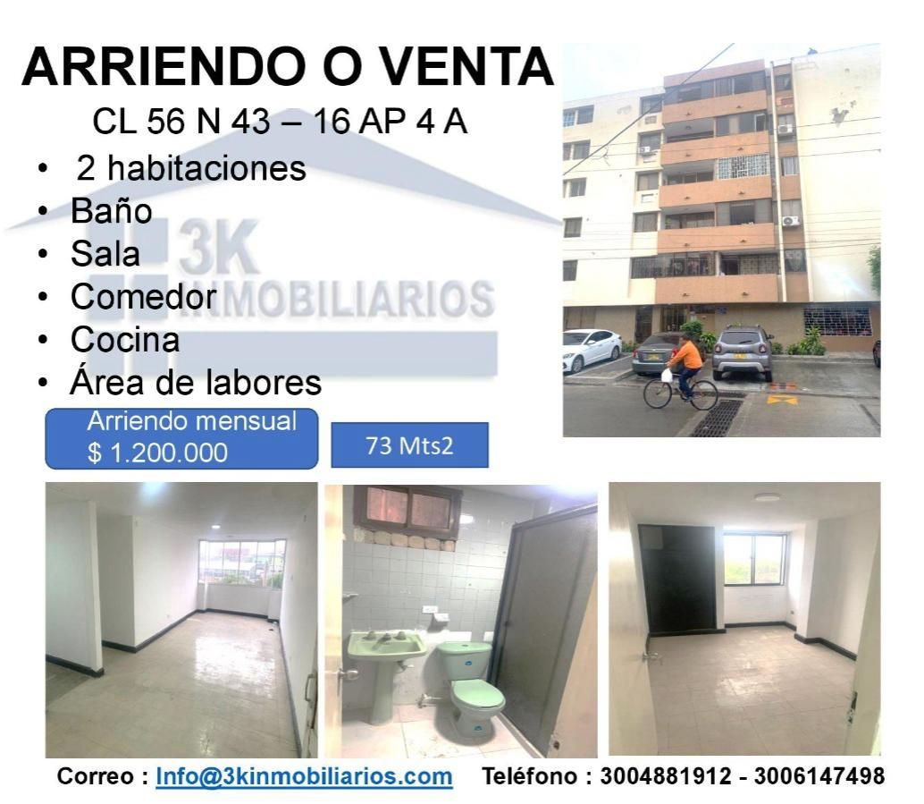Apartamento en arriendo o venta Atlántico Barranquilla Boston 73 m2 Habitaciones 2 Baños 1 Garajes 0 Precio venta $200000000 Precio arriendo $1200000
