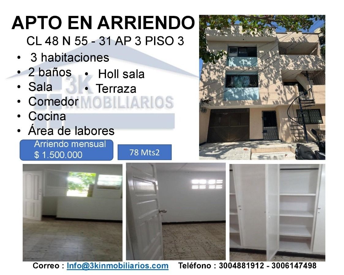 Apartamento en arriendo Atlántico Barranquilla Montecristo 78 m2 Habitaciones 3 Baños 2 Garajes 0 Precio $1500000