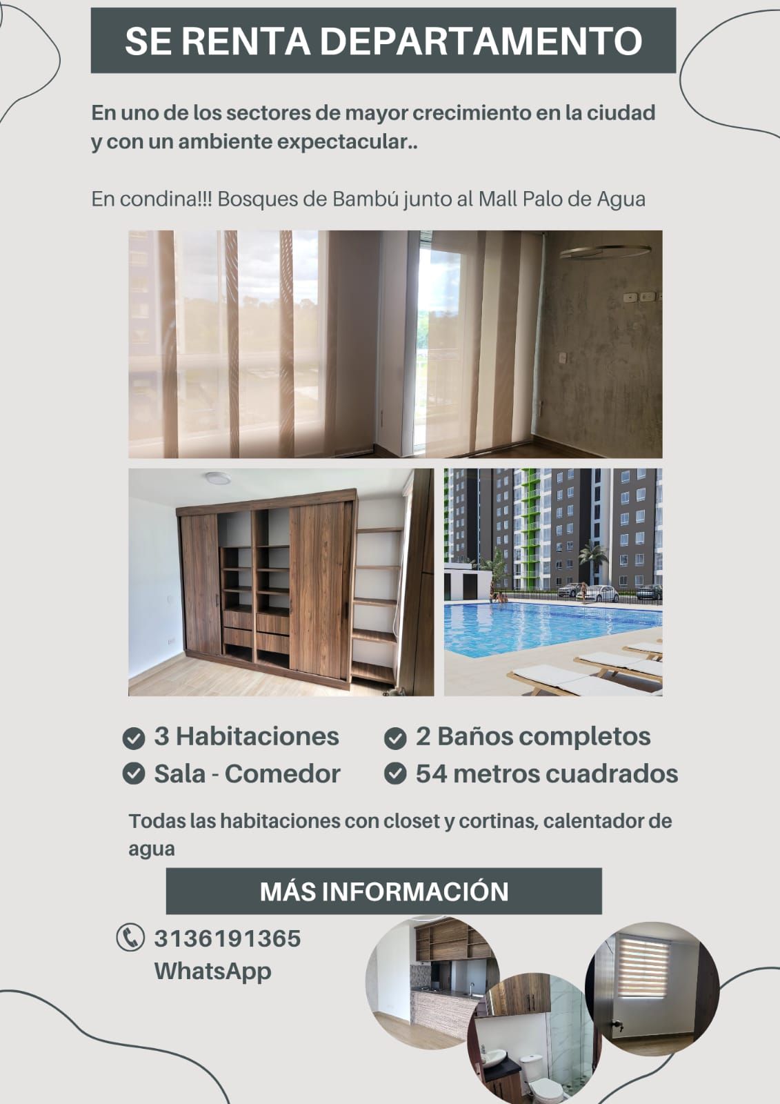 Apartamento en arriendo Risaralda Pereira Eben Ezer 60 m2 Habitaciones 3 Baños 2 Garajes 1 Precio $1500000