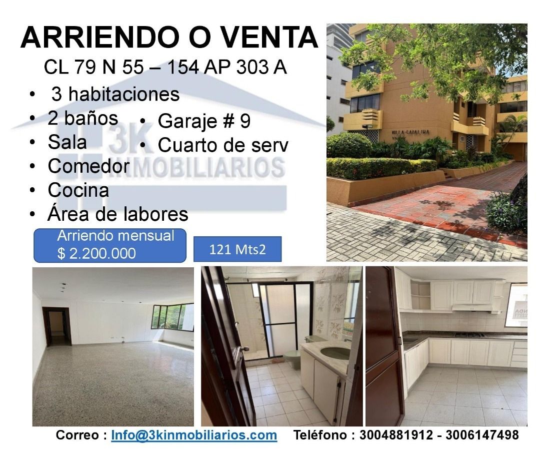 Apartamento en arriendo o venta Atlántico Barranquilla Villa Country 121 m2 Habitaciones 3 Baños 2 Garajes 1 Precio venta $400000000 Precio arriendo $2200000