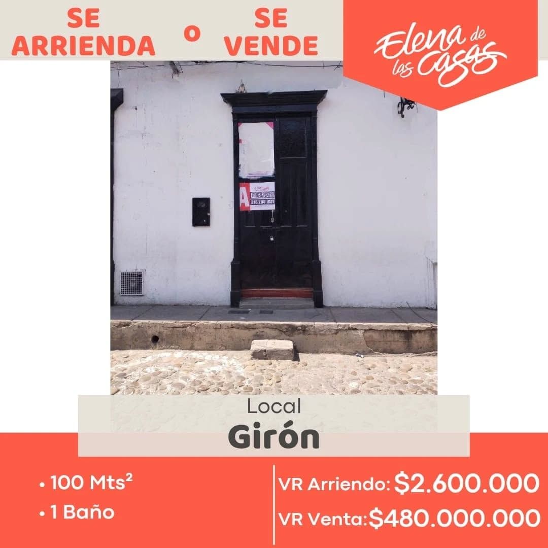 Local en arriendo o venta Santander Girón El Palenque 100 m2 Habitaciones 0 Baños 1 Garajes 0 Precio venta $480000000 Precio arriendo $2600000