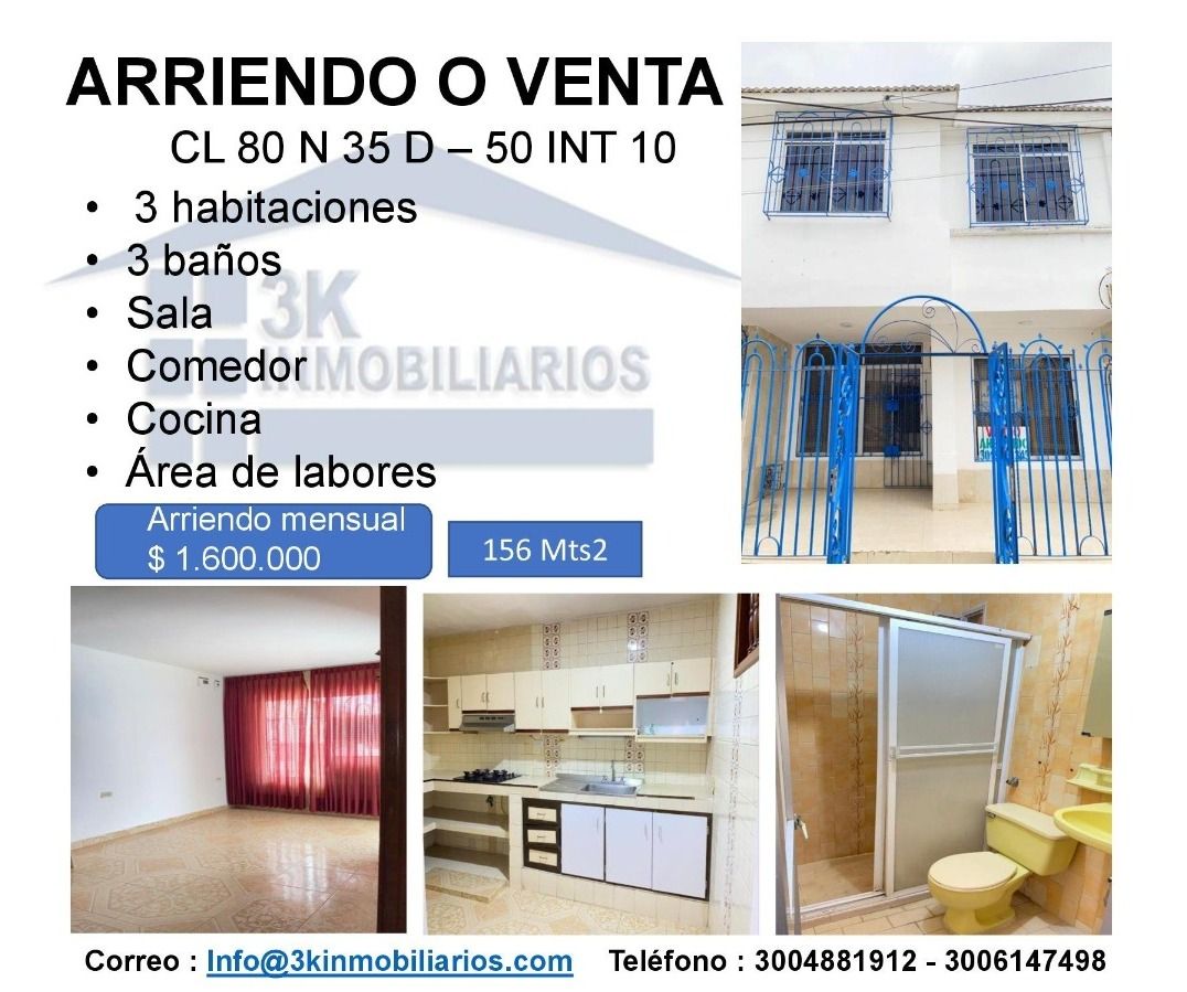 Casa en arriendo o venta Atlántico Barranquilla Las Colinas 156 m2 Habitaciones 3 Baños 3 Garajes 0 Precio venta $350000000 Precio arriendo $1600000