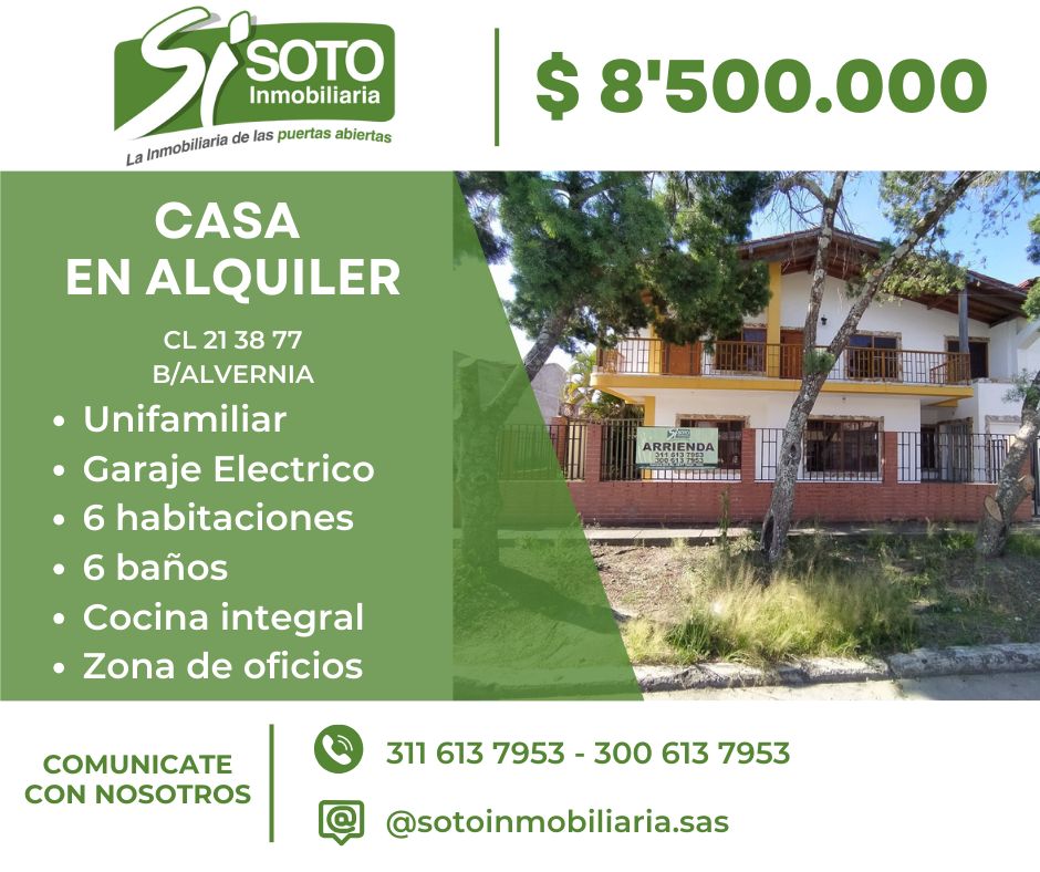 Casa en arriendo Valle Del Cauca Tuluá Alvernia 200 m2 Habitaciones 6 Baños 6 Garajes 1 Precio $8500000