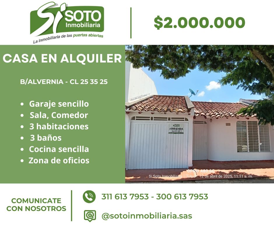 Casa en arriendo Valle Del Cauca Tuluá Alvernia 90 m2 Habitaciones 3 Baños 3 Garajes 1 Precio $2000000