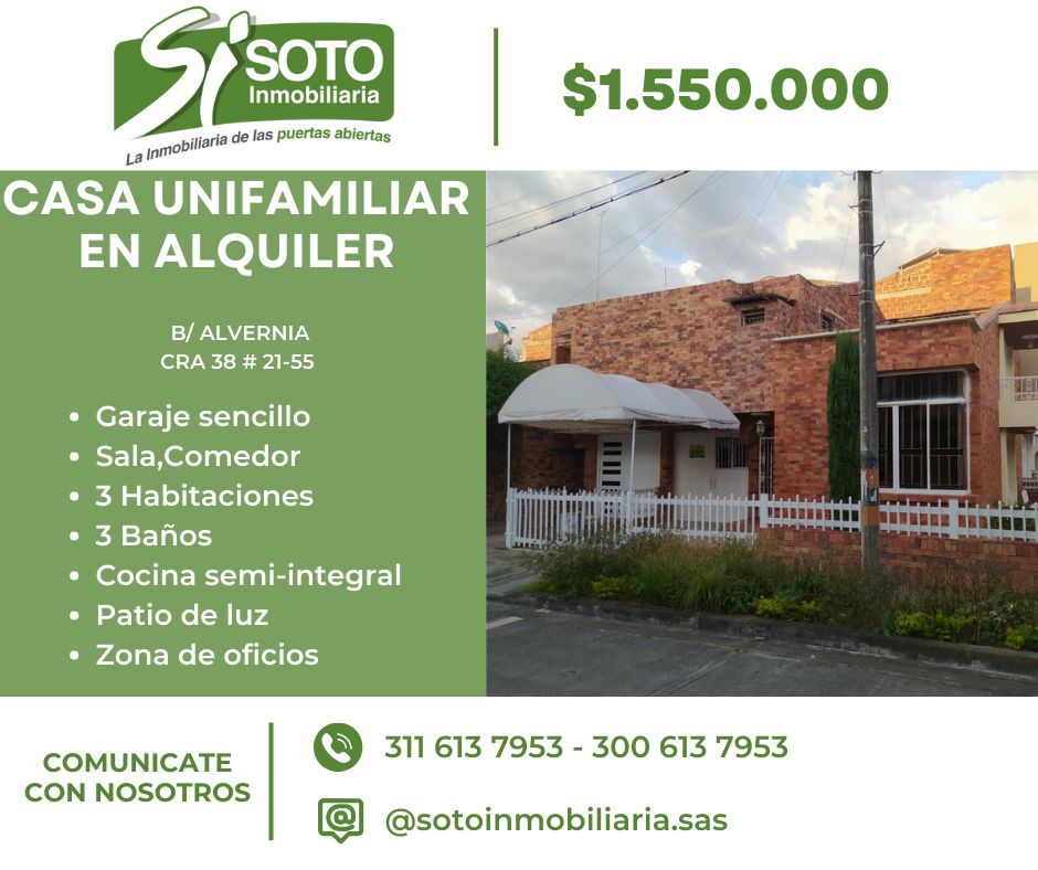 Casa en arriendo Valle Del Cauca Tuluá Alvernia 100 m2 Habitaciones 3 Baños 3 Garajes 1 Precio $1550000