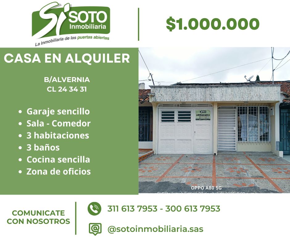 Casa en arriendo Valle Del Cauca Tuluá Alvernia 100 m2 Habitaciones 3 Baños 3 Garajes 1 Precio $1000000