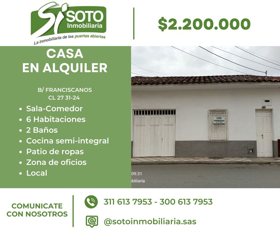 Casa en arriendo Valle Del Cauca Tuluá Franciscanos 200 m2 Habitaciones 6 Baños 2 Garajes 0 Precio $2200000