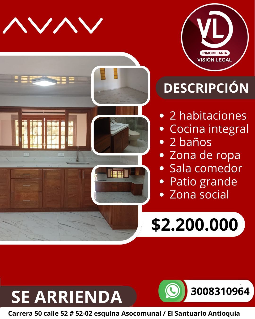 Casa en arriendo Antioquia El Santuario El Santuario 100 m2 Habitaciones 2 Baños 2 Garajes 1 Precio $2200000