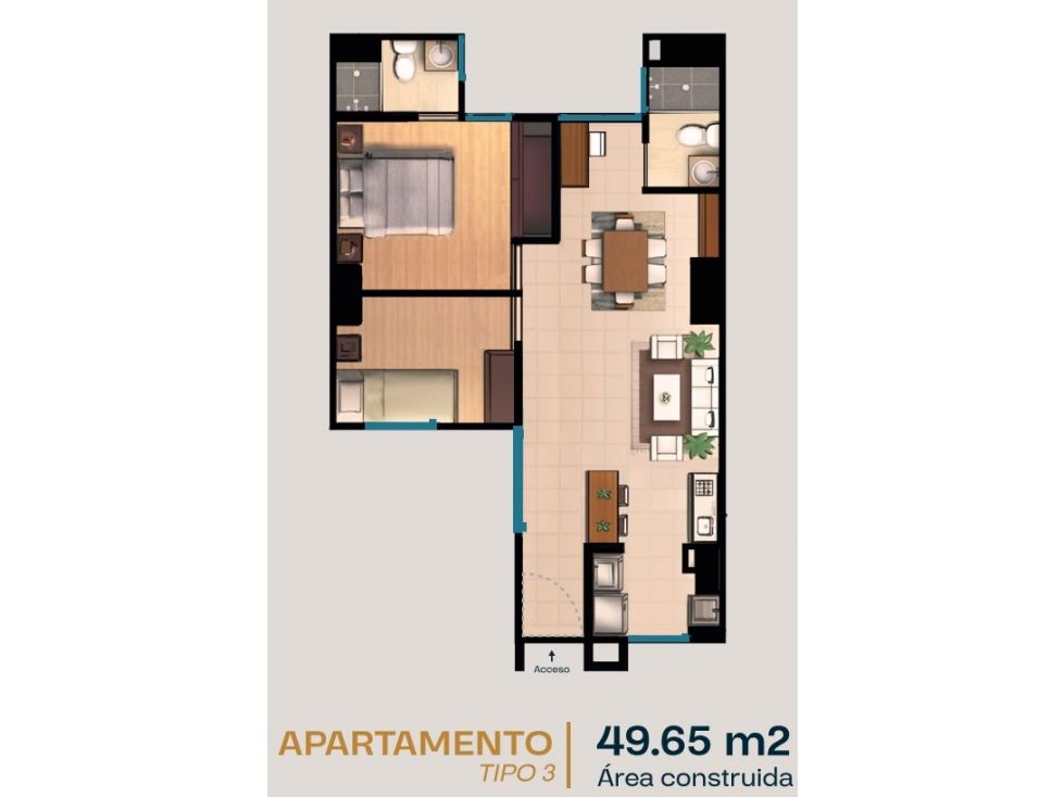 Apartamento en venta Antioquia Sabaneta Calle Larga 49 m2 Habitaciones 2 Baños 2 Garajes 0 Precio $323000000