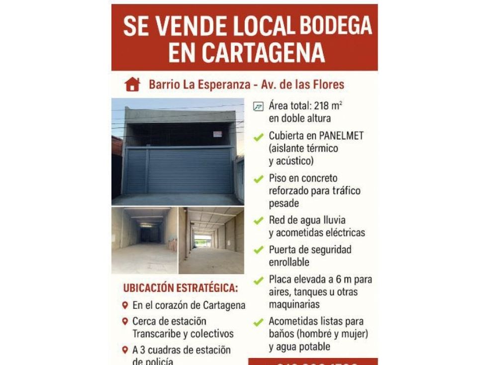Bodega en venta Bolívar Cartagena Las Flores 218 m2 Habitaciones 0 Baños 0 Garajes 0 Precio $600000000