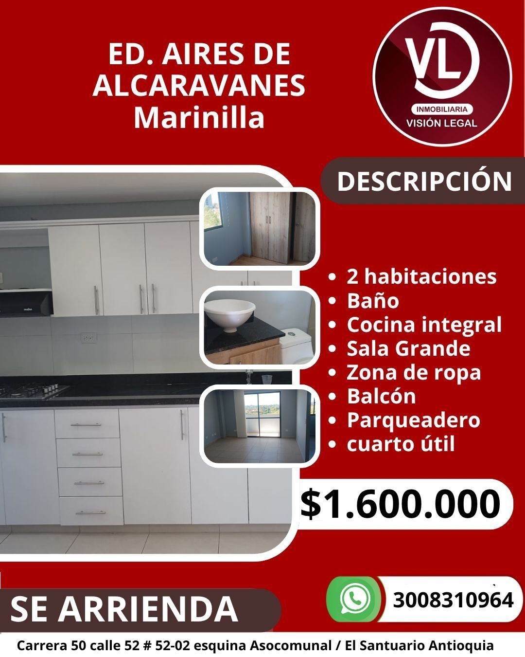 Apartamento en arriendo Antioquia Marinilla Belén 51 m2 Habitaciones 2 Baños 1 Garajes 1 Precio $1600000