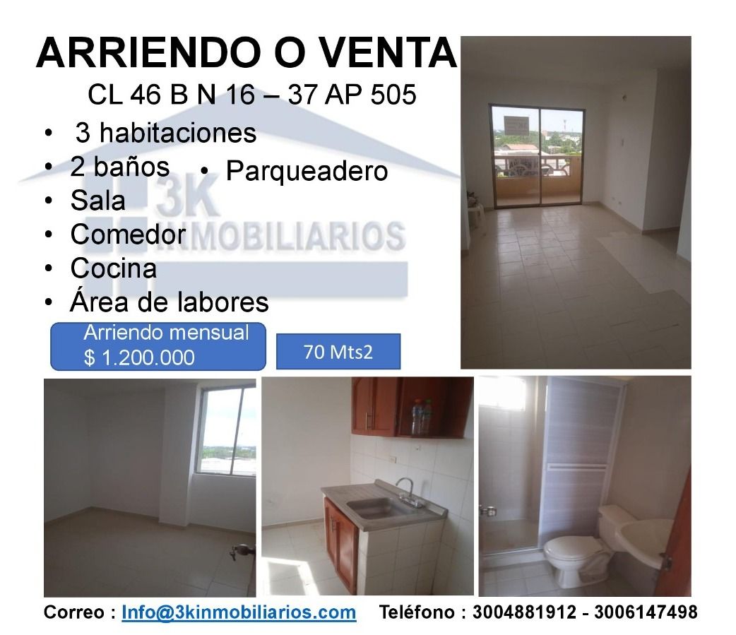 Apartamento en arriendo o venta Atlántico Barranquilla Cevillar 70 m2 Habitaciones 3 Baños 2 Garajes 1 Precio venta $250000000 Precio arriendo $1200000