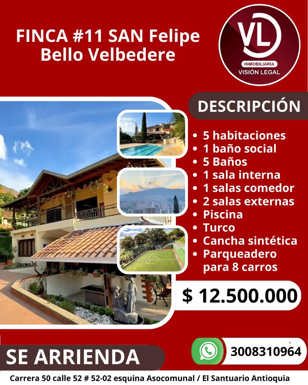 Casa Campestre en arriendo Antioquia Bello Sector Belvedere 700 m2 Habitaciones 5 Baños 6 Garajes 6 Precio $12500000