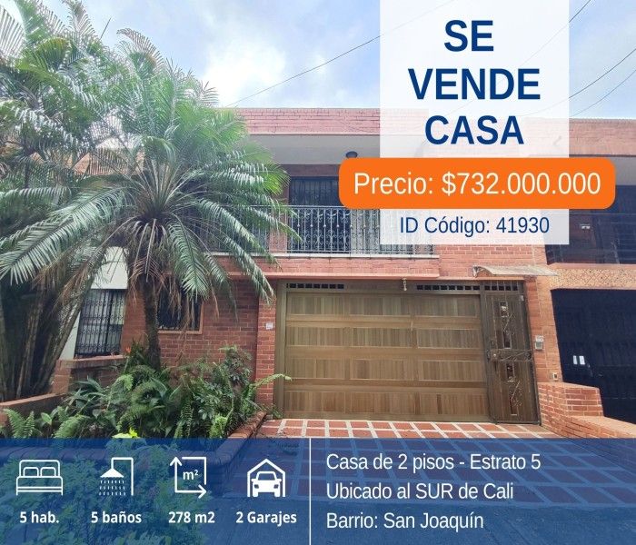 Casa en venta Valle Del Cauca Cali Urbanización San Joaquín 278 m2 Habitaciones 5 Baños 4 Garajes 2 Precio $732000000