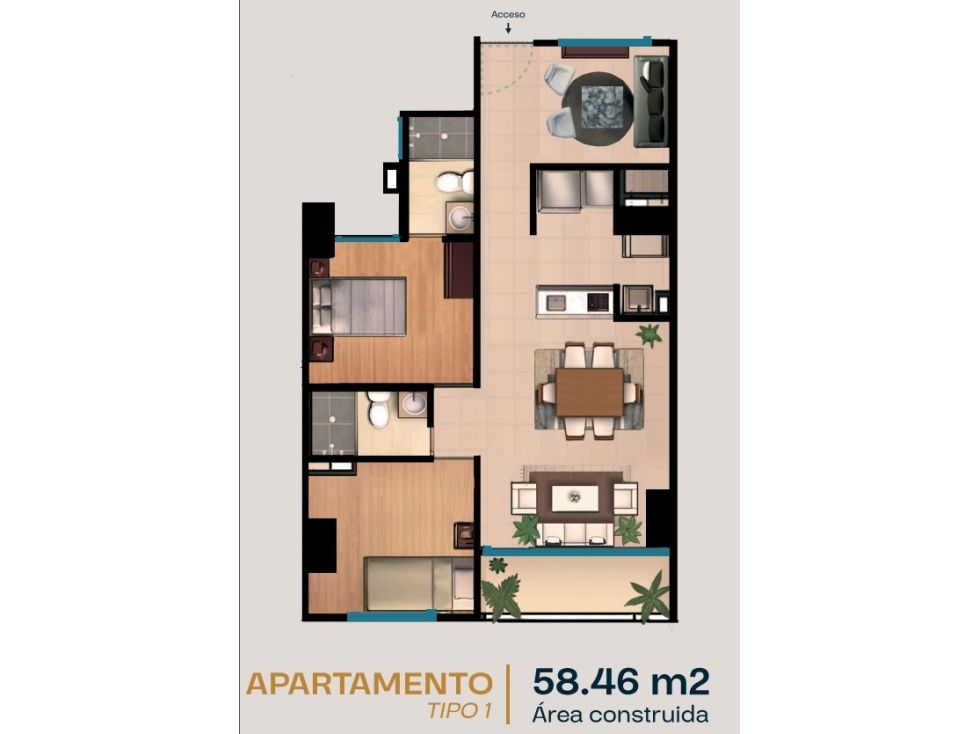 Apartamento en venta Antioquia Sabaneta Calle Larga 58 m2 Habitaciones 2 Baños 2 Garajes 0 Precio $339068000