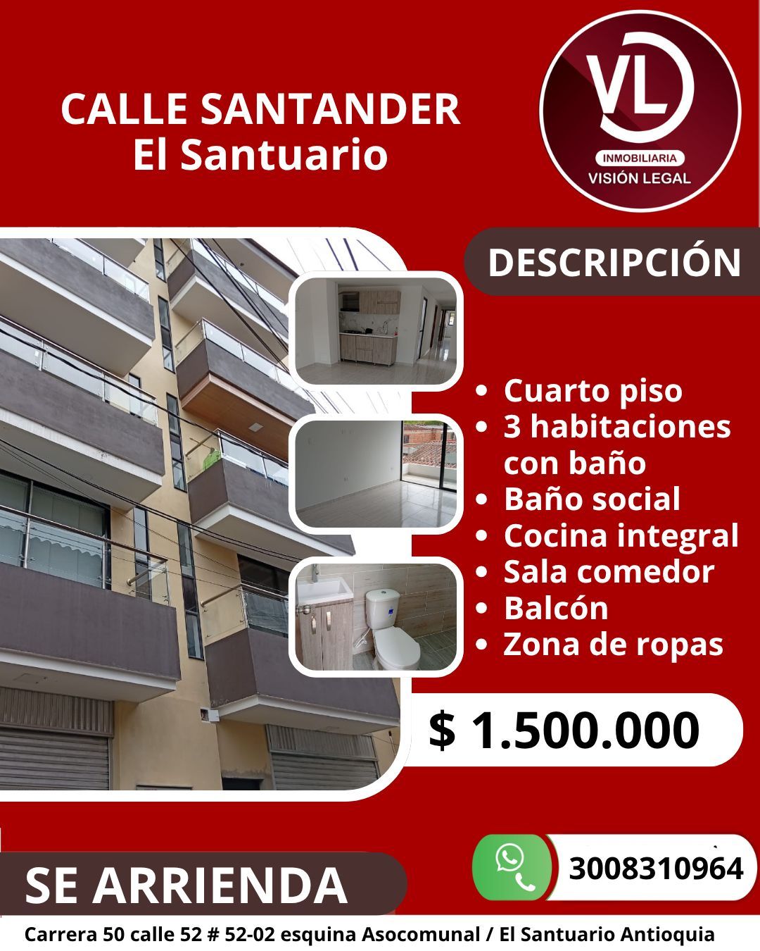 Apartamento en arriendo Antioquia El Santuario Arco Iris 82 m2 Habitaciones 3 Baños 2 Garajes 0 Precio $1500000