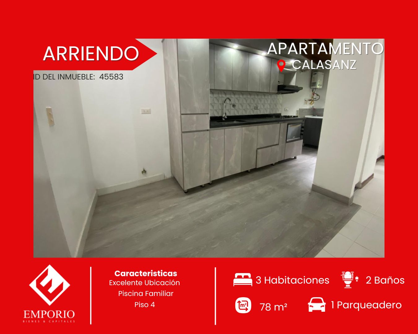 Apartamento en arriendo Antioquia Medellín Calasanz 78 m2 Habitaciones 3 Baños 2 Garajes 1 Precio $2200000