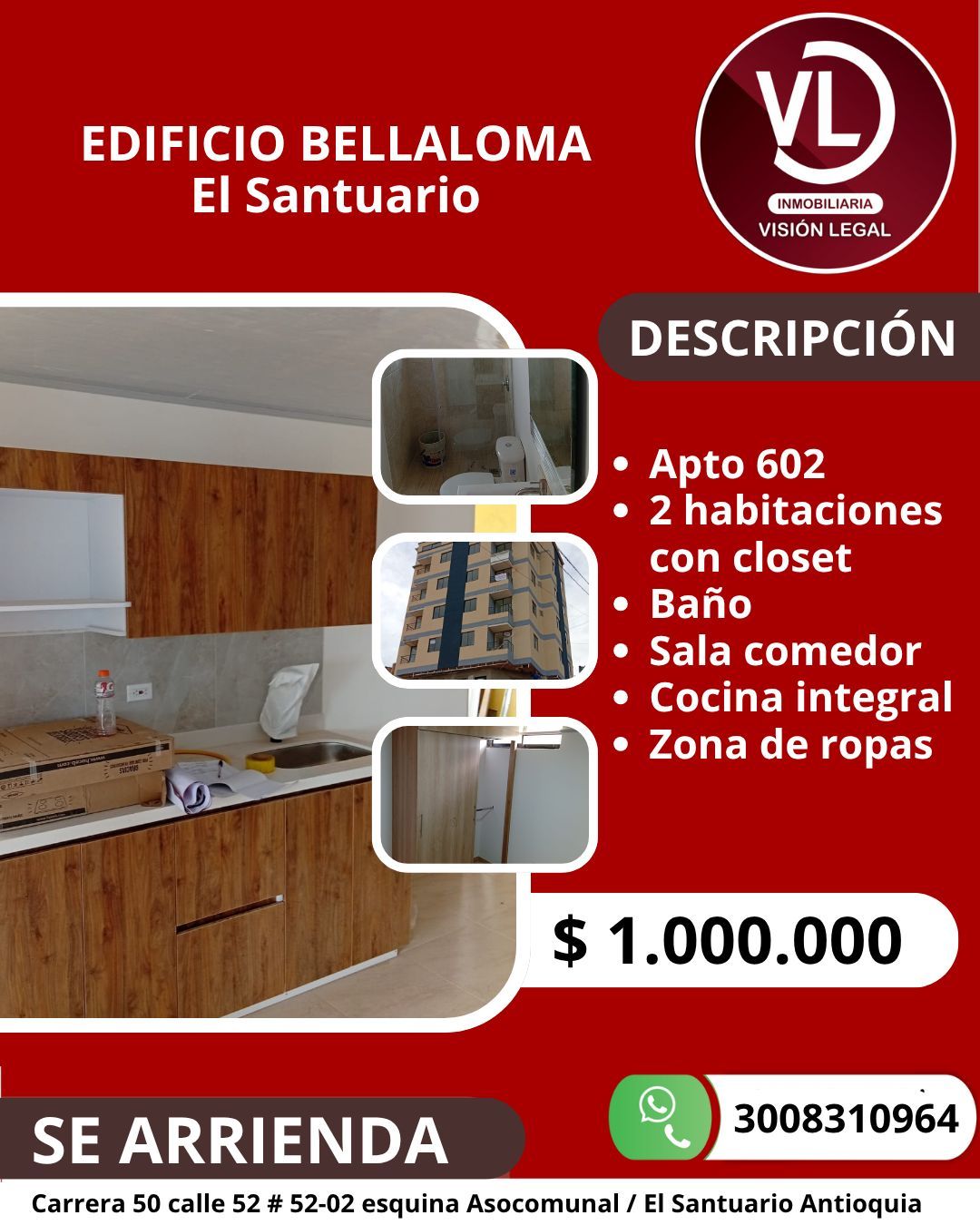 Apartamento en arriendo Antioquia El Santuario El Santuario 51 m2 Habitaciones 2 Baños 1 Garajes 0 Precio $1000000