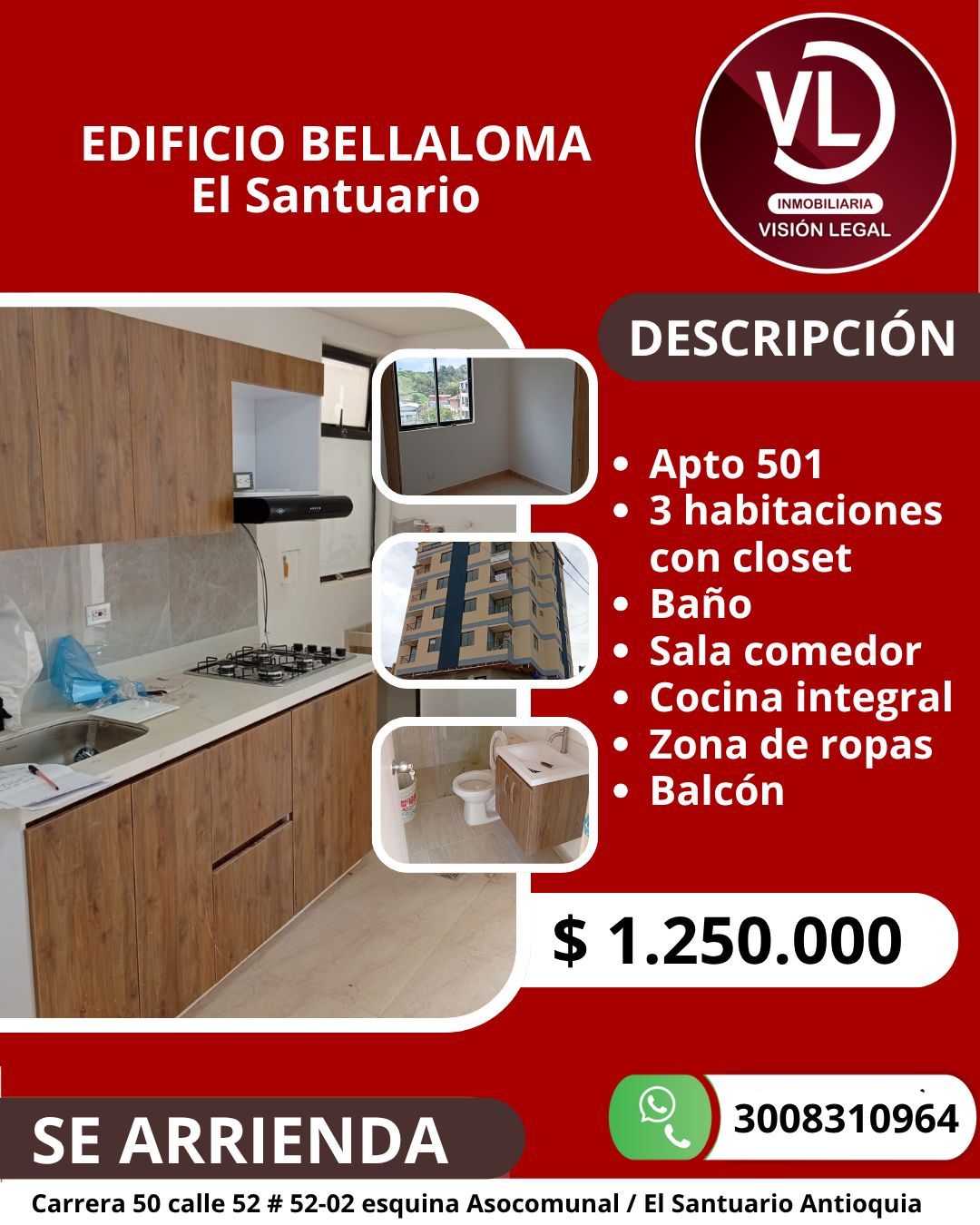 Apartamento en arriendo Antioquia El Santuario El Santuario 55 m2 Habitaciones 3 Baños 1 Garajes 0 Precio $1250000