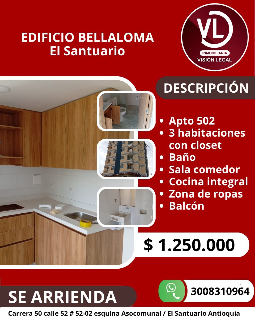 Apartamento en arriendo Antioquia El Santuario El Santuario 55 m2 Habitaciones 3 Baños 1 Garajes 0 Precio $1250000