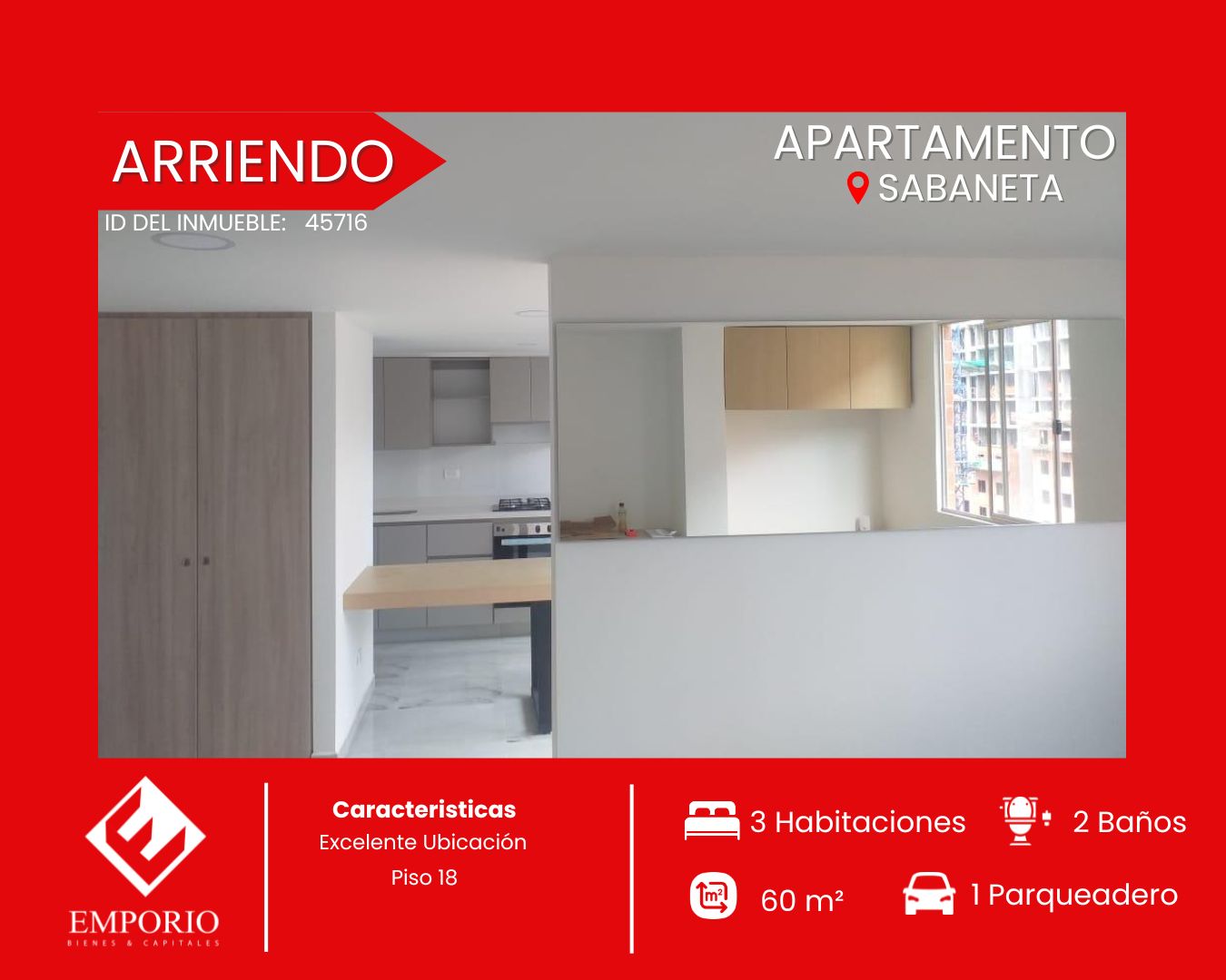 Apartamento en arriendo Antioquia Sabaneta Sabaneta 60 m2 Habitaciones 3 Baños 2 Garajes 1 Precio $2300000