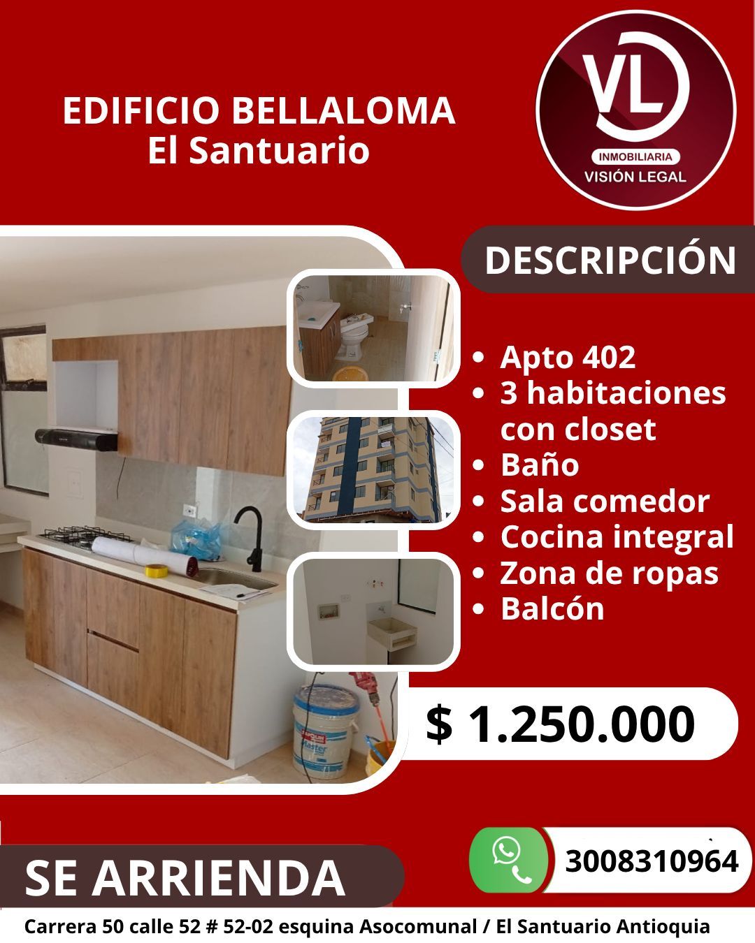 Apartamento en arriendo Antioquia El Santuario El Santuario 55 m2 Habitaciones 3 Baños 1 Garajes 0 Precio $1250000