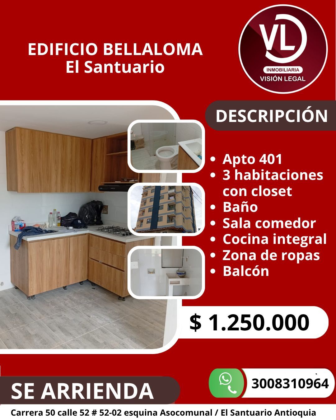 Apartamento en arriendo Antioquia El Santuario El Santuario 55 m2 Habitaciones 3 Baños 1 Garajes 0 Precio $1250000