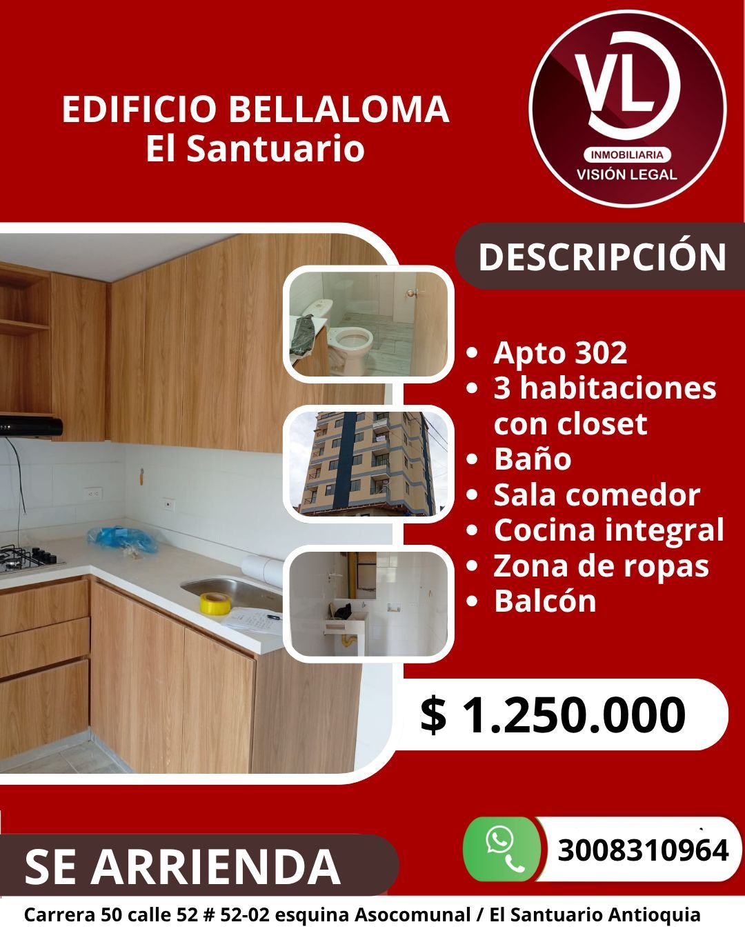 Apartamento en arriendo Antioquia El Santuario El Santuario 52 m2 Habitaciones 3 Baños 1 Garajes 0 Precio $1250000