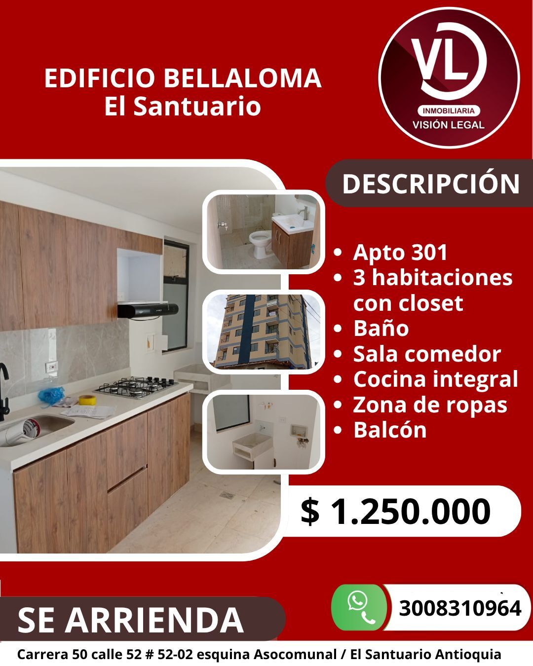 Apartamento en arriendo Antioquia El Santuario El Santuario 52 m2 Habitaciones 3 Baños 1 Garajes 0 Precio $1250000