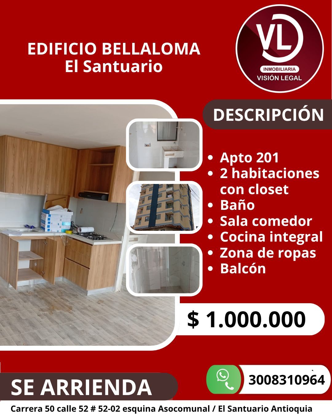 Apartamento en arriendo Antioquia El Santuario El Santuario 55 m2 Habitaciones 2 Baños 1 Garajes 0 Precio $1000000